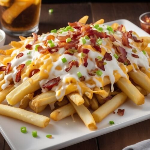 Loaded onion French fries topped with cheese, bacon, and sour cream.