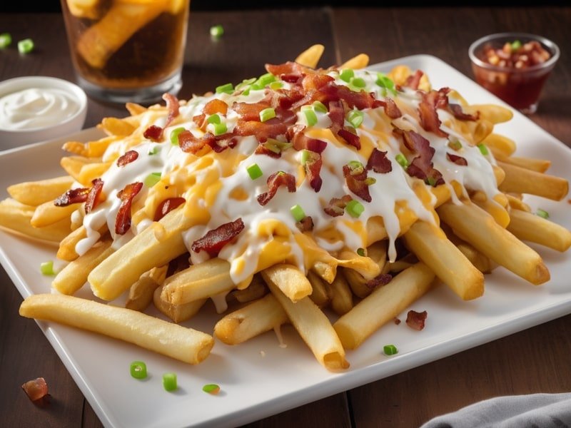 Loaded onion French fries topped with cheese, bacon, and sour cream.