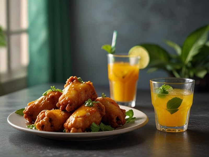 Mango habanero wings served with a refreshing mango-lime soda garnished with mint.