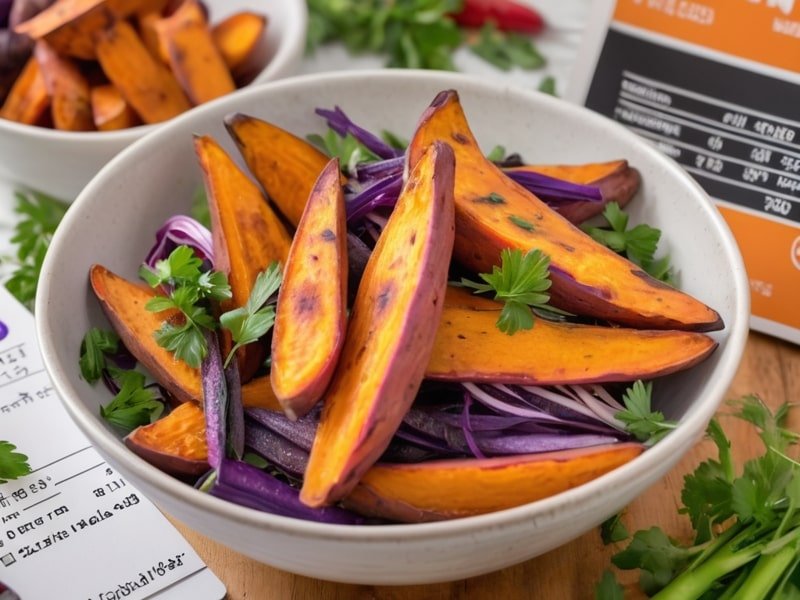 Roasted Murasaki sweet potato wedges garnished with fresh herbs, accompanied by a nutrition facts card.