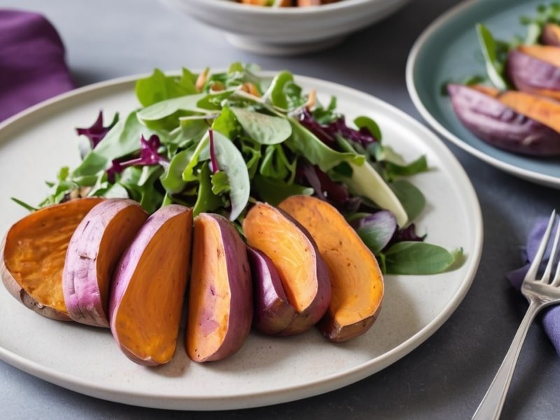 Roasted Murasaki sweet potatoes served with a fresh green salad and a main dish on a dining table.