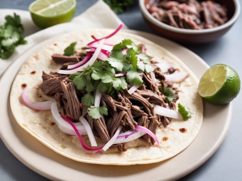 Shredded beef cheeks on tortillas with pickled onions, cilantro, and lime wedges.