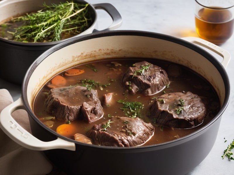 Slow-cooked beef cheeks in a Dutch oven with a rich broth, garnished with thyme and bay leaves (1)