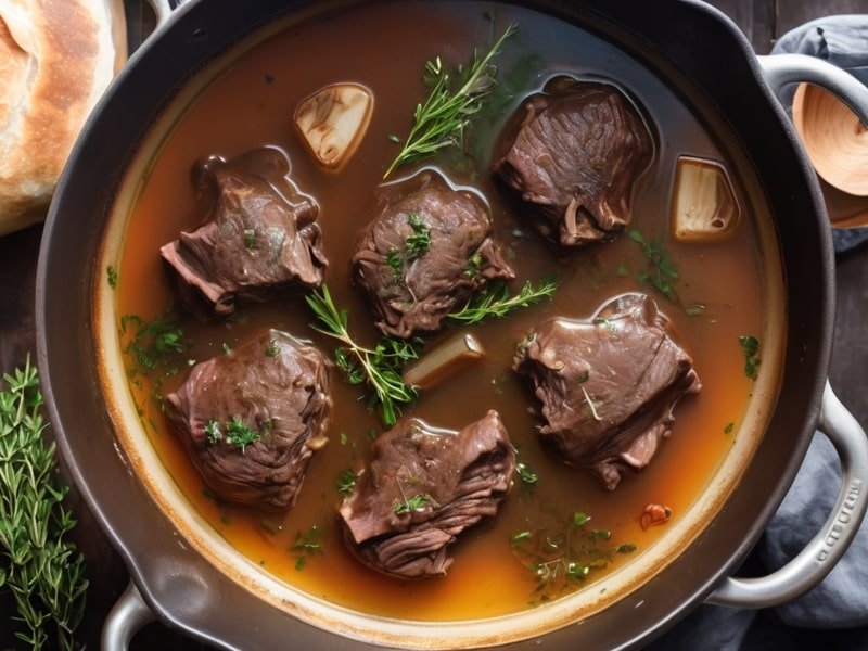 Slow-cooked beef cheeks in a Dutch oven with a rich broth, garnished with thyme and bay leaves (2)