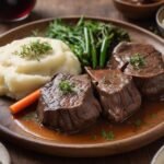Slow-cooked beef cheeks served with mashed potatoes and garnished with fresh thyme on a rustic plate.