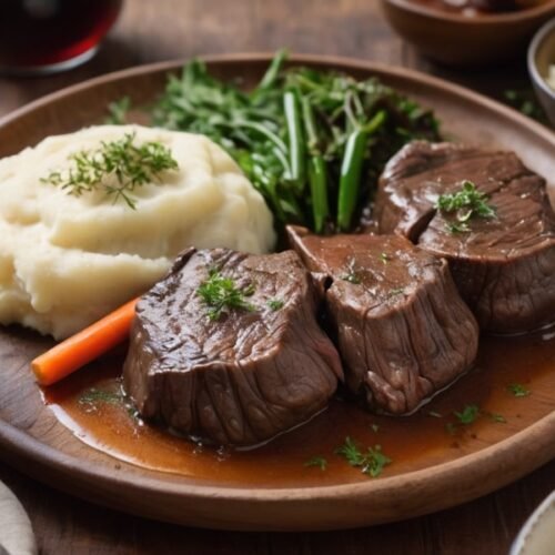 Slow-cooked beef cheeks served with mashed potatoes and garnished with fresh thyme on a rustic plate.