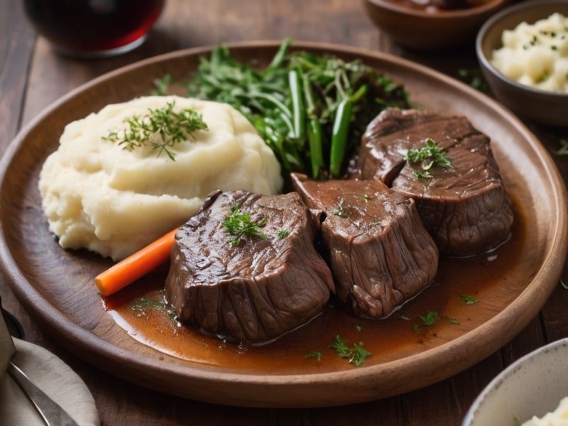 Slow-cooked beef cheeks served with mashed potatoes and garnished with fresh thyme on a rustic plate.