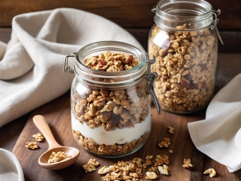 Vanilla nut granola in a glass jar with a wooden spoon, sitting on a cozy kitchen table.