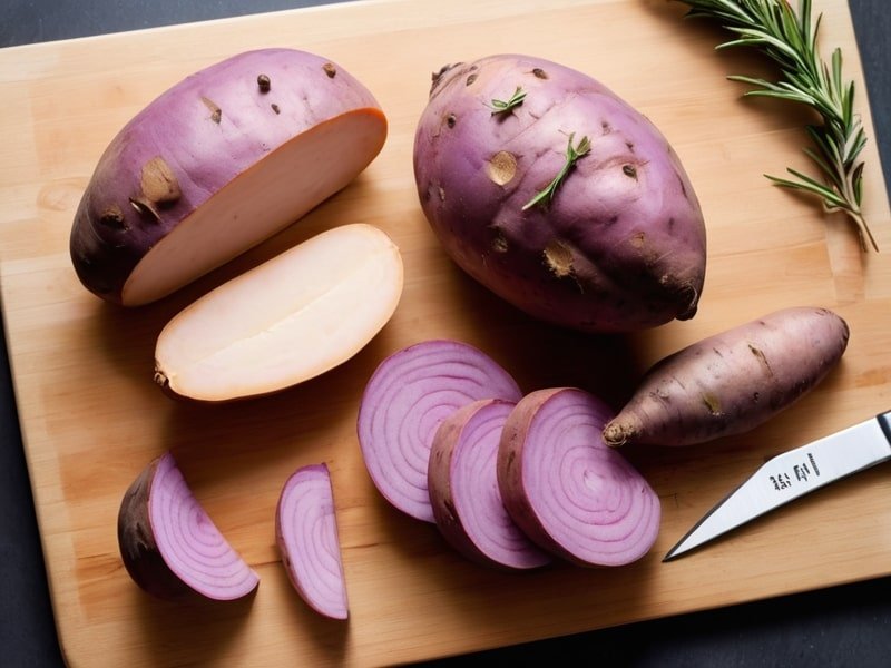 Whole and sliced Murasaki sweet potatoes showing purple skin and white flesh, surrounded by rosemary on a cutting board.