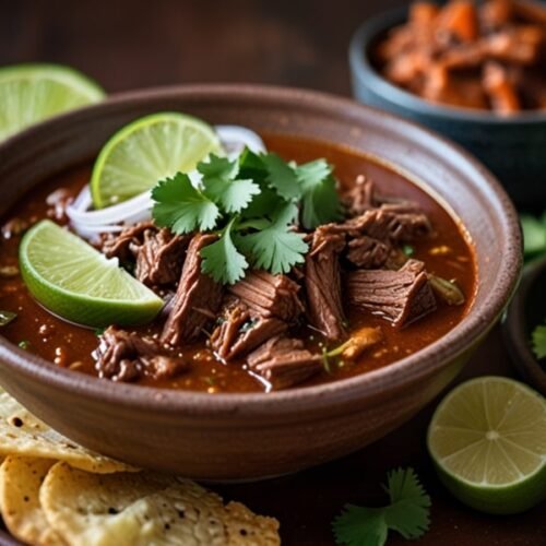 A bowl of birria stew with tender beef, cilantro, onion, and lime wedges (1)