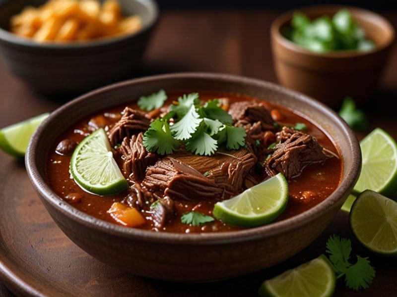 A bowl of birria stew with tender beef, cilantro, onion, and lime wedges (2)