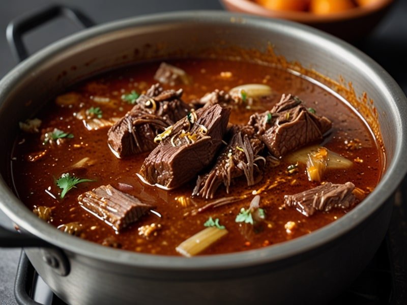 A pot of birria cooking on the stove with rich broth and tender meat.