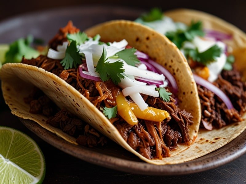 Birria tacos filled with slow-cooked beef, cheese, and topped with onions and cilantro.