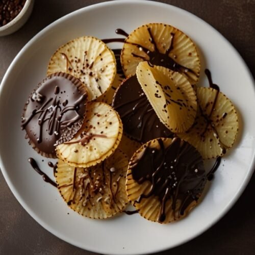 Chocolate-covered potato chips garnished with chocolate drizzle and sea salt on a white plate (1)