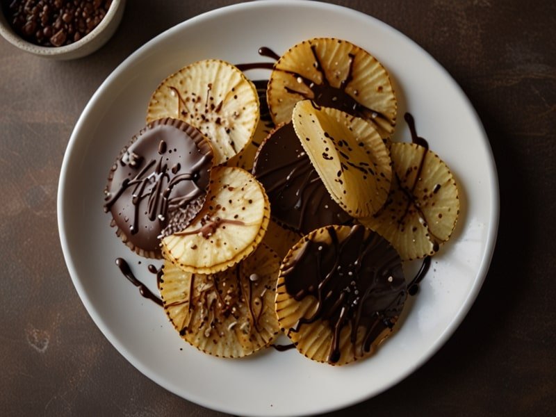 Chocolate-covered potato chips garnished with chocolate drizzle and sea salt on a white plate (1)