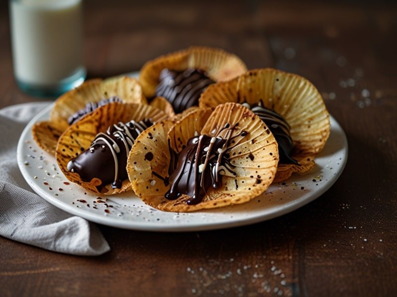 Chocolate-covered potato chips garnished with chocolate drizzle and sea salt on a white plate (2)