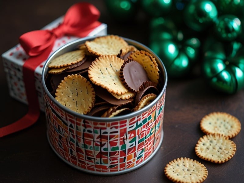 Chocolate-covered potato chips in a decorative tin with a festive ribbon (2)