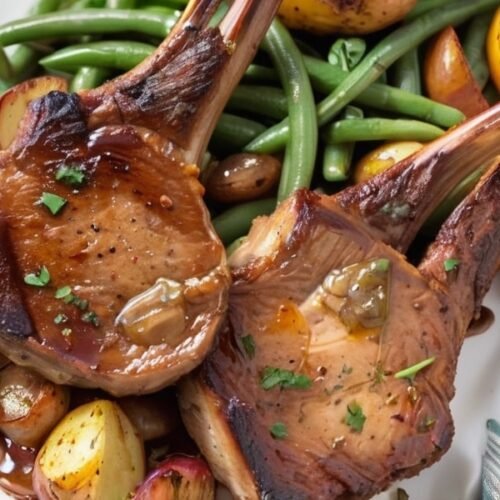 Golden roasted lamb chops with green beans and potatoes, topped with balsamic glaze (1)