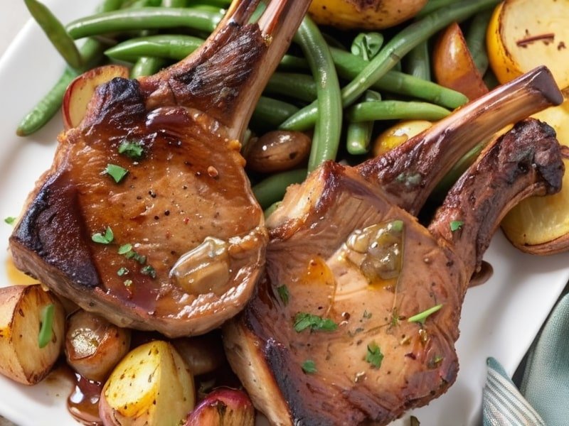 Golden roasted lamb chops with green beans and potatoes, topped with balsamic glaze (1)