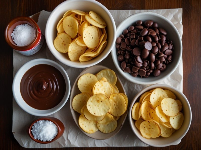 Ingredients for making chocolate-covered potato chips on a kitchen counter.