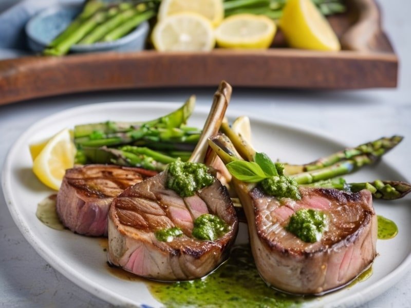 Rack of lamb chops with chimichurri sauce, grilled asparagus, and lemon wedges.