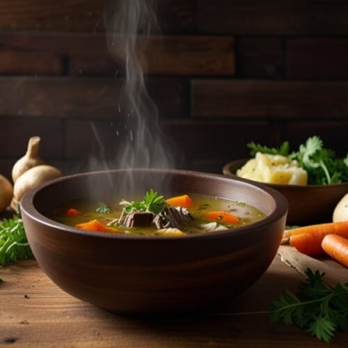 A bowl of hearty porcupine soup with fresh herbs, tender Meat, and vegetables, served in a rustic wooden bowl (1)