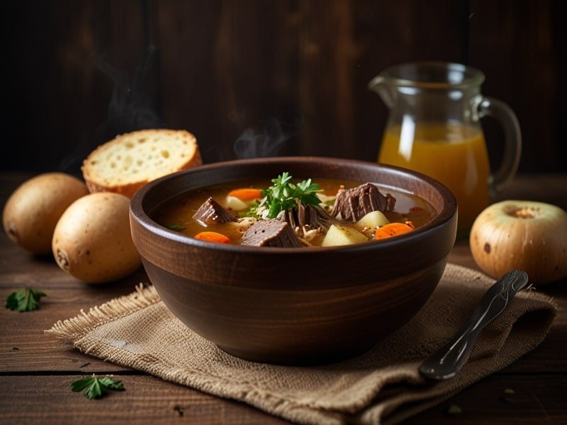 A bowl of hearty porcupine soup with fresh herbs, tender Meat, and vegetables, served in a rustic wooden bowl (2)