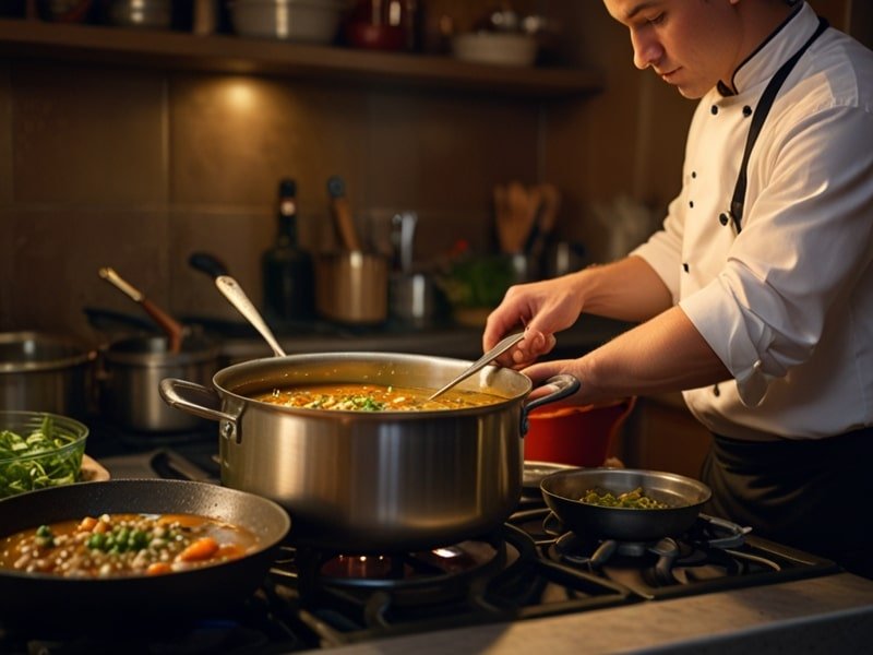 A chef cooking porcupine soup in a large pot, adding fresh herbs to a rich, bubbling broth.