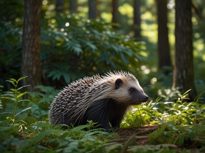 A porcupine in the wild, showcasing its quills and natural habitat in a lush forest setting.