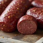 Homemade summer sausage logs on a baking sheet, prepped for cooking (1)