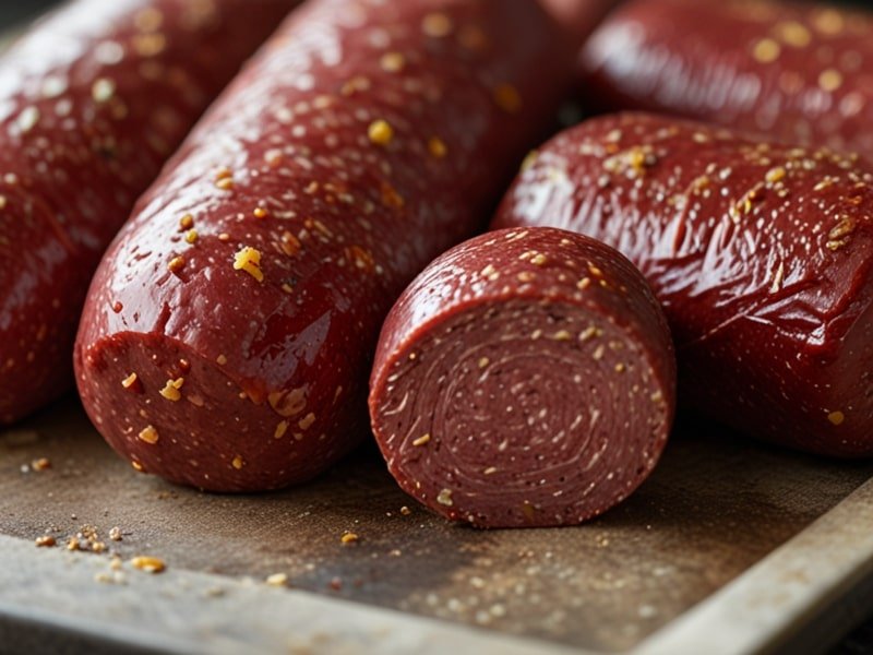 Homemade summer sausage logs on a baking sheet, prepped for cooking (1)