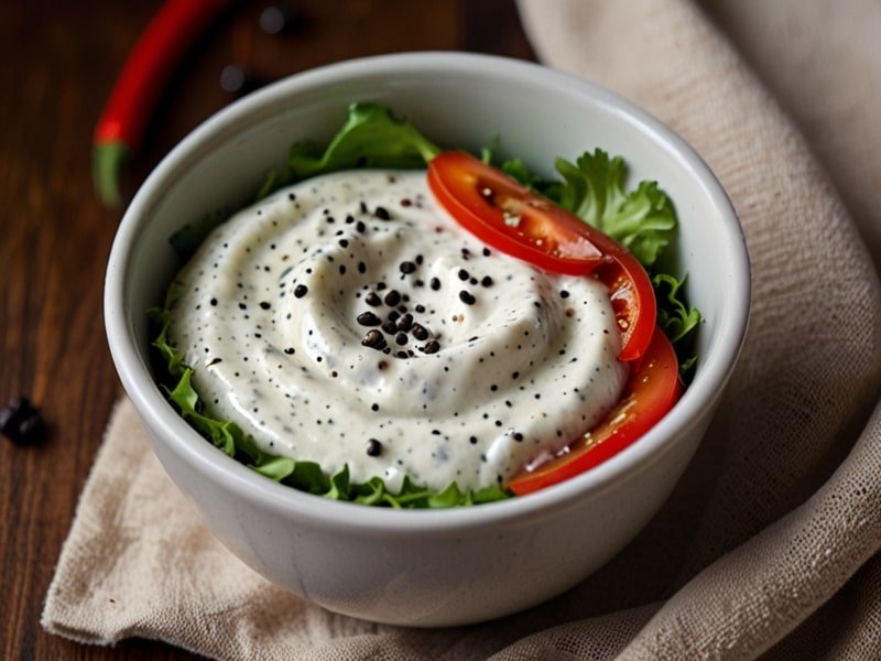 Homemade peppercorn ranch dressing with cracked black pepper in a bowl (1)